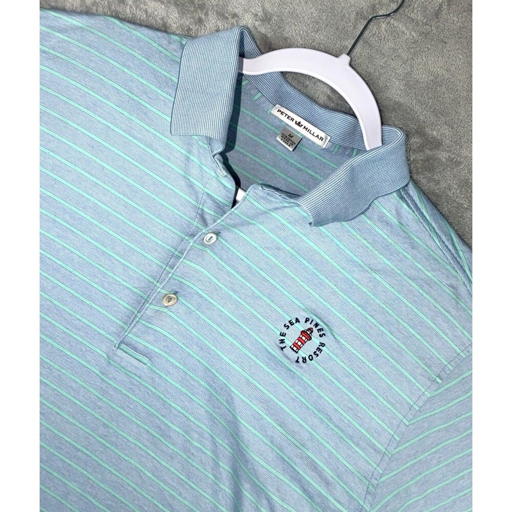 Peter Millar Polo Men’s Medium Grayish-Blue Green Striped Sea Pines Golf Resort